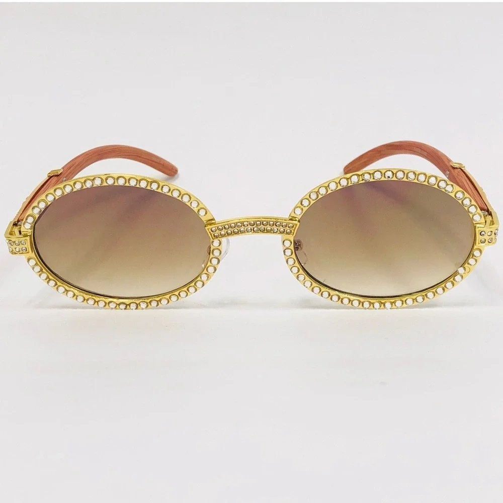 Sunglasses Round Frame Wood Arm Gold Metal Fashion Shades‎ Sophisticated Classic